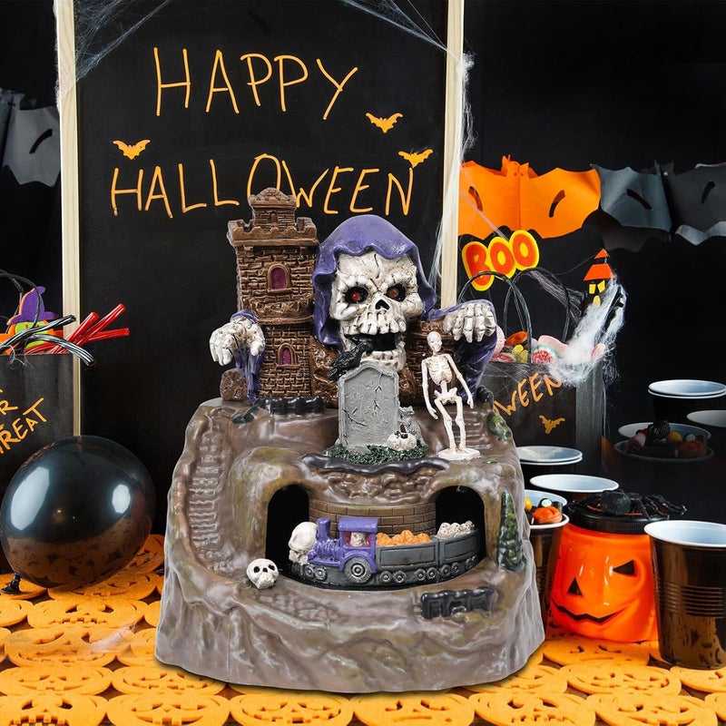 Vipush Halloween Village Decorations -Light-Up LED Vintage Skull Island & Passing Train Resin Figurines Decor for Creepy Skeletons, Spooky Statues, and Tombstone Collectible Decorations 5.9 in - Image 2